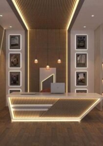 Reception feature wall with fluted panels and lighting